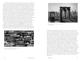 A two-page spread from a book in German, pages 68 and 69. The left page has text and a collage of news headlines like CONFLAGRATION and BRIDGE MYSTERY. The right page features a large black-and-white photograph of the Brooklyn Bridge above more text.