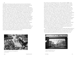 A two-page spread from a book in German, featuring two black-and-white photographs of a political art installation. On the left, a high-angle photo shows a crowd of people in front of a large outdoor structure. On the right, a photo shows a close-up of a sign on the structure that reads FLÜCHTLINGE FRESSEN above a large cage.