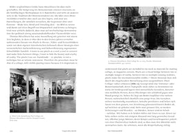 A two-page spread from a German-language art book, pages 188 and 189. The left page has text and a black-and-white photo of a gallery with large collages on the walls. The right page features a large black-and-white collage by Thomas Hirschhorn, depicting a grim, ruined scene with figures, where parts of the image are deliberately obscured by heavy pixelation.