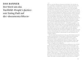 A page of text in German, numbered 193, with a large heading on the left that reads: DAS BANNER, Der Streit um das Tuchbild People's Justice von Taring Padi auf der documenta fifteen. The main body of text on the right discusses the controversy surrounding the artwork and allegations of antisemitism.
