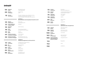 A table of contents page titled Inhalt, in German. The page has a two-column layout on a white background. The left column lists bold page numbers and author names, while the right column lists the corresponding titles in German and English. The content is divided into three main chapters, followed by sections for biographies, thanks, and a map.