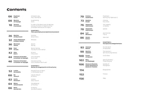 A two-column table of contents for a publication, set against a plain white background. The word Contents is in large, bold black font at the top left. Each entry features a large, bold page number, followed by the author's name and the title of their work. The entries are grouped into sections, including Chapter 1: The Local Natural & Built Environment, Chapter 2: Social Arrangements & Structures, and Chapter 3: Perspective Negotiations.