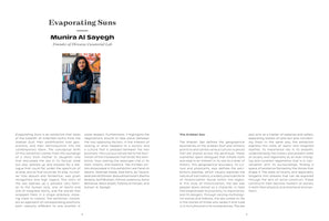 A two-page spread from a publication for the exhibition Evaporating Suns by Munira Al Sayegh, Founder of Dirwaza Curatorial Lab. A small color photograph shows Al Sayegh, a woman with dark curly hair in a black coat, standing with arms crossed. Surrounding the image are four columns of text describing the exhibition's themes.