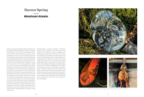 A two-page book spread for the artwork Barren Spring by Mashael Alsaie. On the left is text describing the work. On the right are three images: a large photo of a clear, amorphous glass sculpture with bubbles inside, resting on green moss. Below are two smaller photos showing the glassmaking process; one of molten orange glass on a rod and another of a finished, amber-colored glass piece on a workshop floor.