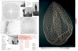 A composite image from an art publication detailing the project Quasi-Random. The right side shows a large color photo of an intricate, organic-shaped lattice sculpture made of light-colored rods against a dark background. The left side consists of smaller black-and-white images, including abstract drawings, technical diagrams, and photos of people constructing a large geodesic dome structure.