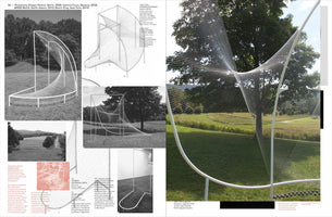 A page layout featuring a large outdoor sculpture, with a main color photo showing a white metal frame and a complex web of fine, translucent threads stretched taut to create a warped, flowing surface. The sculpture is situated on a grassy hill with trees. The layout also includes smaller black-and-white photos of the installation from different perspectives, a technical line drawing of its structure, and blocks of explanatory text.