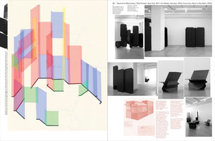 A two-page spread from a publication about art and architecture. The left page shows a colorful, abstract diagram with overlapping translucent geometric shapes in red, blue, and yellow. The right page features a collage of black-and-white photos of minimalist, black, perforated metal sculptures and chairs in a white gallery space, along with blocks of text and a smaller architectural drawing.