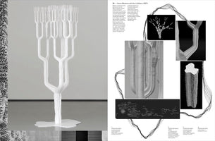 A black and white composite image from an art book or catalog. On the left, a tall, white, layered sculpture shaped like a tree with many branches stands in a gallery. On the right, a page details the artwork with text and several inset images showing digital renderings, close-ups of the branching structure, and a data visualization with flowing lines.