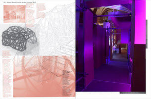 A two-page spread from a publication. The left page shows architectural plans, sketches of complex web-like structures, and text. The right page is a photograph of an art installation, showing a narrow walkway flanked by tall panels and lit with vibrant purple and magenta lights.