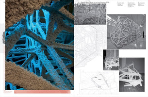 A two-page book spread about an art installation. The left page features a large, color close-up of a web-like structure covered in a sandy texture and glowing with an internal blue light. The right page shows a collage of black and white photos of the full sculpture in a gallery, smaller models, a wireframe diagram, and an architectural floor plan for the installation, titled Majestic at the Wexner Center for the Arts.