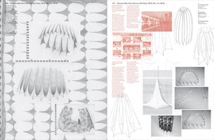 A two-page spread from a spiral-bound book on architecture, featuring a mix of pencil sketches, line drawings, and photographs of curved, pointed structural designs. The left page is in black and white, while the right page includes text and images with red-tinted overlays.