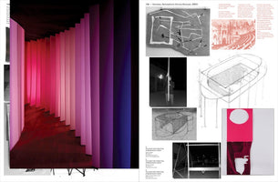 A two-page spread from a book. The left page shows a large photo of an art installation made of tall, vertical panels that create a corridor, lit with a gradient from pink to purple. The right page is a collage of developmental studies for the piece, including sketches, photographs, and abstract artwork.