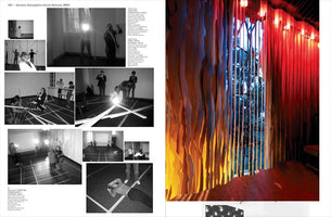 A two-page book spread. On the left, several black and white photos document a performance piece titled Venetian, Atmospheric from the 2007 Venice Biennale, showing people with bright lights. On the right, a large color photo shows an installation of vertical, wavy panels illuminated in warm yellow, orange, and red light.