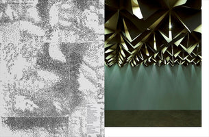 A diptych-style image. On the left is a black-and-white abstract artwork composed of thousands of tiny black dots forming dense clusters on a light background. On the right is a color photograph of a modern architectural ceiling, which is a dark, complex structure of folded, geometric, and angular shapes. Lights from within the structure cast dramatic, sharp patterns of light and shadow down onto a muted green wall.