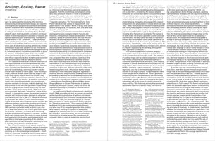 A black and white photograph of a two-page spread from an academic book. The left page is numbered 170 and the right is 171. The text is an essay by Lindsay Caplan titled Analogy, Analog, Avatar, formatted in two columns with small footnotes at the bottom.