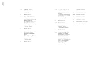 A two-page spread showing the table of contents for an art book. The layout is clean and organized into columns, listing chapter titles and page numbers in both German and English. The content revolves around the artist Marinella Senatore, with sections like VORWORT / PREFACE, BILDTEIL / PLATES, and an ANHANG / APPENDIX.