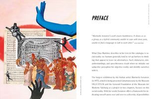 A two-page spread from a book. On the left is a colorful, layered collage featuring a large blue arm, a black-and-white architectural drawing of an opera house, sheet music, and various cutouts of people dancing and performing. The page on the right contains text under the bold heading PREFACE.