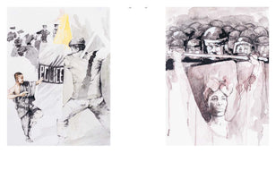 A diptych of two watercolor and ink illustrations on facing pages. The left image shows a monk in a martial arts pose confronting a police officer with a riot shield. The right image depicts a line of riot police, with the face of a Black woman in a headwrap appearing on the front of a shield. The artwork is expressive, with a muted color palette and dripping paint.