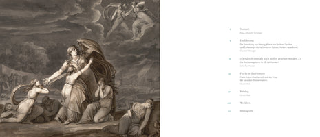 A two-page spread from an art history book. On the left is a full-page, sepia-toned neoclassical illustration depicting a mythological scene of tragedy, with women in flowing robes grieving on the ground as two gods with bows appear in the dark clouds above. On the right is the book's table of contents in German.