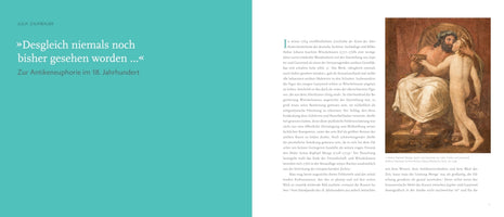 A two-page spread from an art history book in German. The left page is solid turquoise with a white title. The right page features text alongside a neoclassical painting by Anton Raphael Mengs, Jupiter and Ganymede. The painting shows the seated, bearded Jupiter, draped in white, embracing the nude youth Ganymede, who offers him a cup as they lean in to kiss.