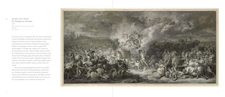 A book spread showing a panoramic, black-and-white drawing by Jacques-Louis David titled The Combat of Diomedes, from 1776. The artwork depicts a chaotic and dense battle scene from the Trojan War. On the ground, soldiers on foot, on horseback, and in chariots are engaged in a violent melee. Above them, gods and goddesses float on swirling clouds, intervening in the conflict below. The left page contains descriptive text in German.