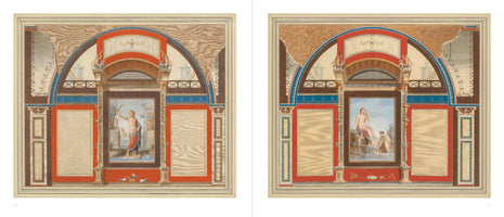Two side-by-side illustrations from a book, depicting elaborate wall decorations in the ancient Roman style. Each illustration features a symmetrical, arched architectural frame with columns, decorated in red, blue, and brown. The central panel on the left shows a male classical figure, while the panel on the right shows a seated female classical figure with an attendant by the water.
