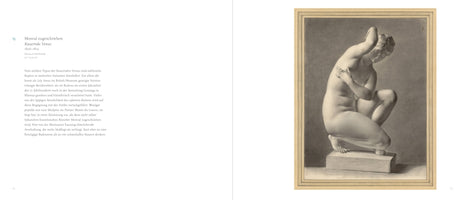 An open book spread with German text on the left page. The right page features a framed, black and white drawing of a classical statue, Kauernde Venus or Crouching Venus. The nude female figure crouches on a stone block, looking down over her shoulder with her arms held protectively around her head and chest.