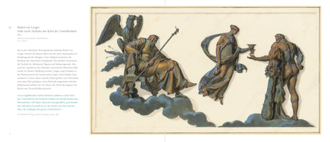 A book page with German text on the left and a neoclassical drawing by Robert von Langer on the right, titled Hebe reicht Herkules den Kelch der Unsterblichkeit. The drawing resembles a bronze relief, showing mythological figures on dark clouds against a light background. A seated Zeus with an eagle is on the left. In the center, the goddess Hebe offers a chalice to a muscular Heracles, who is seen from behind wearing a lion's skin and reaching for the cup.