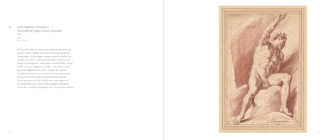 An open art book displaying a red chalk drawing by Jacob Matthias Schmutzer on the right-hand page. The drawing, titled Aktmodell als Jupiter tonans posierend, shows a muscular nude man with a crown in a powerful, seated pose with one arm raised, as if about to throw a thunderbolt. The left page contains descriptive text in German.
