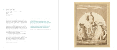 A two-page spread from a book, featuring a sepia-toned drawing by Conrad Martin Metz on the right and German text on the left. The 1803 neoclassical illustration shows the nude sun god Phoebus Apollo standing in a chariot, holding the reins of four powerful horses as they rise from the ocean waves, with the radiant sun behind them.