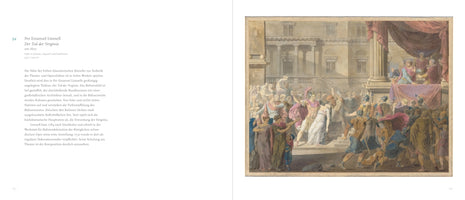 An open book spread shows German text on the left page and a painting on the right. The painting is Per Emanuel Limnell's neoclassical work, The Death of Virginia, circa 1800. It depicts a chaotic, crowded scene in ancient Rome where a man stabs a woman in a white dress on stone steps in front of a grand building, as onlookers react with shock and horror.