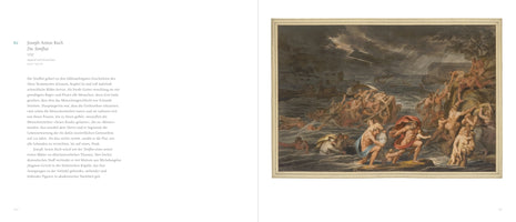 A two-page spread from an art book. The left page contains German text describing the artwork on the right. The right page displays Joseph Anton Koch's 1797 painting, The Deluge. The neoclassical painting depicts a chaotic scene of numerous people struggling to escape rising floodwaters under a dark, stormy sky with lightning, as Noah's Ark floats in the distance.