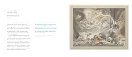 A two-page spread from an art book, with German text on the left page. The right page features a drawing by Johann Heinrich Füssli, The Shepherd's Dream. The artwork depicts a sleeping shepherd on the ground, surrounded by small, fantastical and grotesque creatures. Above him, a chaotic and swirling vision of ethereal, winged figures fills the dark, cloudy sky.