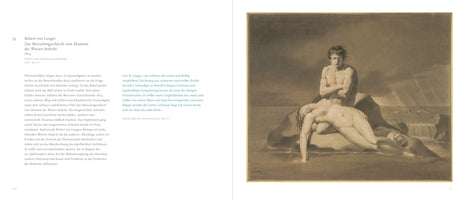 A two-page book spread featuring Robert von Langer's 1804 drawing, Das Menschengeschlecht vom Elemente des Wassers bedroht. The sepia-toned artwork on the right depicts a tragic scene: a distraught, nude man sits on a rock in a stormy sea, holding the lifeless body of a woman. Beside them, a small child lies in the turbulent water. The left page contains explanatory text in German.