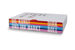 A box set of five books by Dirk Boll titled Die Kunst und ihr Markt, shown against a white background. The books have brightly colored spines in red, yellow, pink, blue, and purple, and are held in a white slipcase designed to look like lined paper with the title and author printed on top.