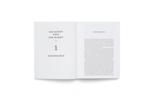 An open book with German text stands upright against a white background. The left page serves as a chapter title, reading DIE KUNST UND IHR MARKT, followed by the number 1 and the word GESCHICHTE. The right page, titled EINFÜHRUNG, is filled with paragraphs of text.