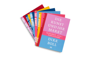 A collection of brightly colored books titled Die Kunst und ihr Markt by Dirk Boll, fanned out against a white background. The foremost book has a pink and blue cover, while other versions in red, yellow, and various shades of blue are layered behind it.