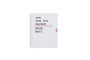 The book art and its market by dirk boll stands against a white background. The cover is designed to look like a ruled index card, with the title and author's name in a black, lowercase typewriter font, separated by a thin red line. A small pink tab is visible on the right side.
