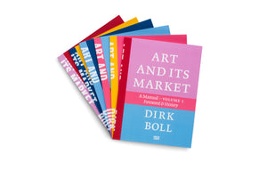 A collection of the book Art and Its Market by Dirk Boll, fanned out to display a variety of vibrant, color-blocked covers in shades of pink, red, yellow, and blue, set against a plain white background.