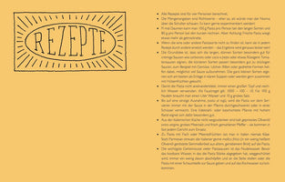 A page from a German cookbook on a mustard-yellow background. On the left is a hand-drawn illustration with the word REZEPTE. On the right is a bulleted list of cooking tips and instructions in German.
