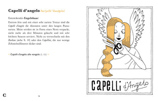 A page from a book about Capelli d'angelo pasta. The left column contains German text describing the pasta. The right column features a line drawing of a smiling angel with long, wavy, yellow hair, cutting a lock of her hair with a pair of scissors. The text Capelli d'Angelo is written below the illustration.
