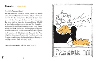 A page from a German cookbook about Fazzoletti pasta. On the left is descriptive text. On the right is a black-and-white illustration with yellow highlights showing a woman sneezing AH-CHOO! into a yellow handkerchief. In front of her, a bowl is filled with Fazzoletti pasta, which looks like small yellow handkerchiefs, creating a visual pun on the pasta's name.