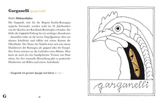 A page from a German book about garganelli pasta. On the left is descriptive text. On the right is a black-and-white line drawing of a chicken's head in profile. A cutaway view of its throat reveals two yellow, ribbed garganelli pasta tubes, illustrating the origin of the pasta's name. The word garganelli is written in script below the drawing.