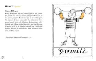 A page from a book about Gomiti pasta. On the left is a description in German. On the right is a black-and-white line drawing of a person lifting a barbell, where their elbows are humorously replaced by two large, yellow pieces of elbow macaroni. Below the drawing, the word Gomiti is written in cursive script.