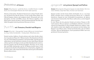 A double-page spread from a cookbook in German, featuring three recipes for pasta dishes. The recipes are Fettuccine al limone, Garganelli mit grünem Spargel und Safran, and Fusilli mit Tomaten, Fenchel und Kapern. Each recipe includes a list of ingredients and preparation instructions.