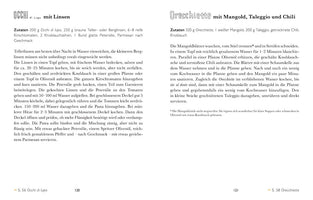 A two-page spread from a German cookbook showing two text-only recipes. On page 120, the recipe is for Occhi di Lupo mit Linsen. On page 121, the recipe is for Orecchiette mit Mangold, Taleggio und Chili. The layout is clean and minimalist with stylized titles.