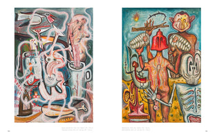 A two-page spread from an art book displaying two colorful, surrealist oil paintings. The painting on the left, Thursday Session, is an abstract composition with biomorphic shapes, a bird, and a central figure with a long snout. The painting on the right, Motherfather, shows two stylized humanoid figures in a landscape, one with a red, bell-shaped head, holding swaddled infants under a flaming sun.