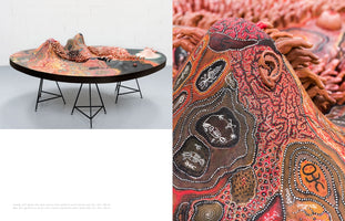 A diptych showing a sculptural artwork. On the left, a wide view of a large, circular piece on a metal stand, featuring a textured, topographical landscape with colorful, intricate patterns. On the right, a close-up reveals the detailed surface with earthy tones, dot painting, white symbolic glyphs, and sculptural elements like a human ear and small hands.