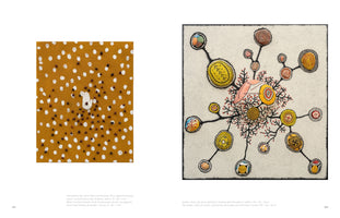 An open art catalog spread showing two pieces of mixed-media art. On the left, a mustard-yellow canvas is covered in a pattern of white and brown dots, with a small, raised white hand shape in the center. On the right, an intricate abstract piece on a light, stippled background depicts a network of colorful, patterned nodes connected by branching black lines.