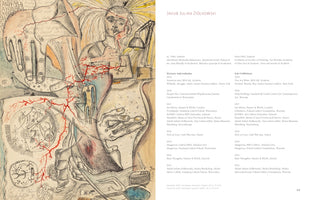A two-page spread from an art catalog. The left page features a complex, surrealist drawing by Jakub Julian Ziółkowski in ink and watercolor, depicting a figure at a desk surrounded by disembodied hands, red vein-like patterns, and esoteric symbols. The right page contains text with the artist's name, a short biography, and a list of his solo exhibitions, presented in both Polish and English.